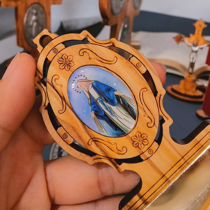 Christianartworkshop Miraculous Medal Holy Water Font Olive Wood Assumption of Our Lady  - image 2