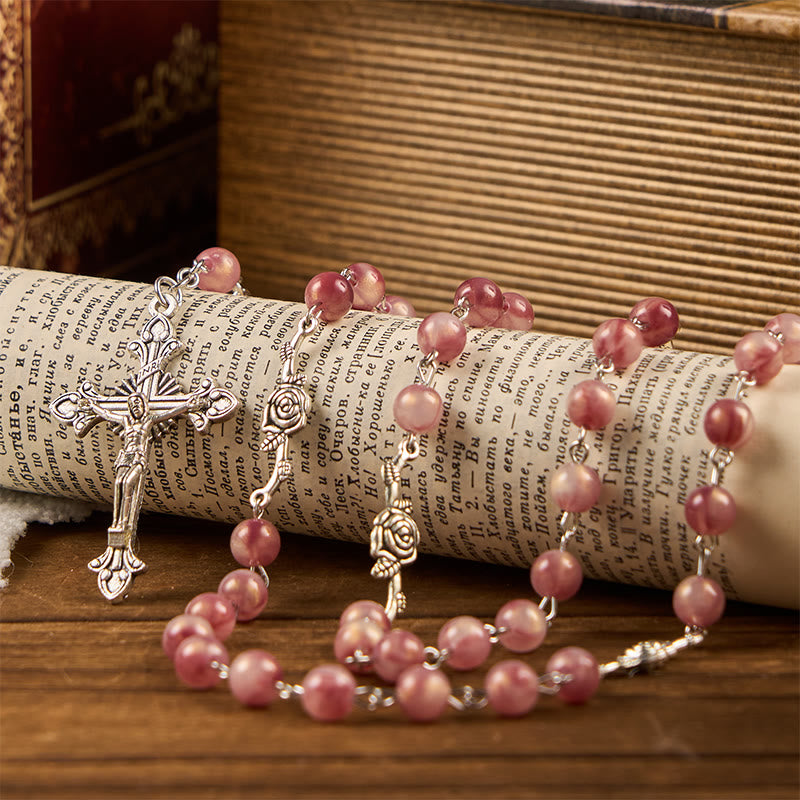 Christianartworkshop Our Lady & Crucifix of 8mm Round Rose Pink Alloy Chain Rosary - image 2
