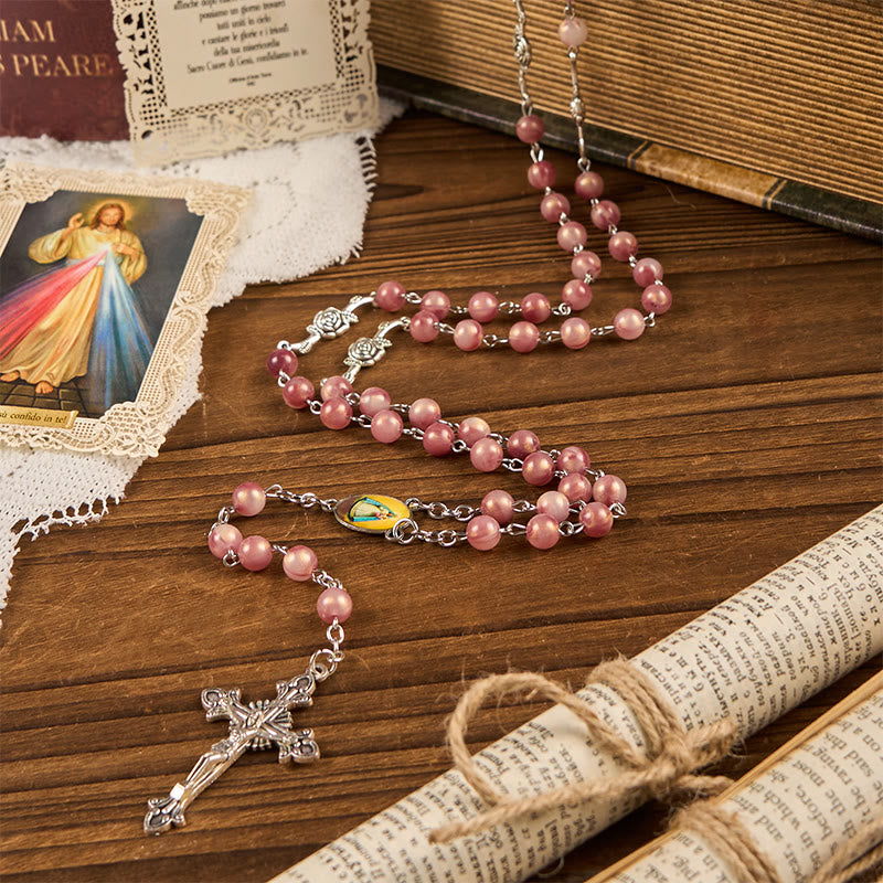 Christianartworkshop Our Lady & Crucifix of 8mm Round Rose Pink Alloy Chain Rosary - Pink - image 0