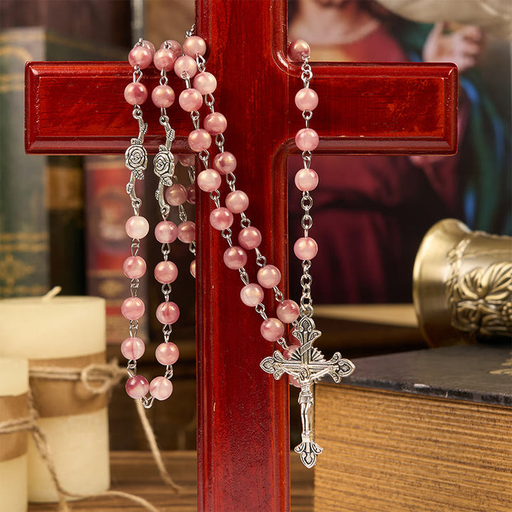 Christianartworkshop Our Lady & Crucifix of 8mm Round Rose Pink Alloy Chain Rosary - image 1