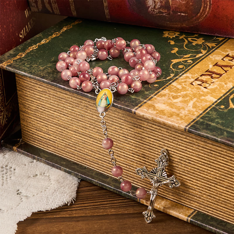 Christianartworkshop Our Lady & Crucifix of 8mm Round Rose Pink Alloy Chain Rosary - image 4