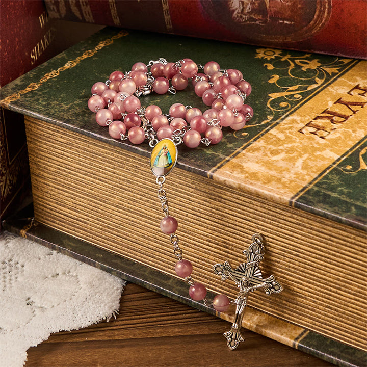 Christianartworkshop Our Lady & Crucifix of 8mm Round Rose Pink Alloy Chain Rosary - image 4