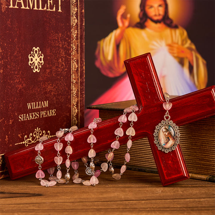 Christianartworkshop Praying Mary & Our Lady of 10mm Heart Rose Glass Pink Alloy Chain Rosary - image 4