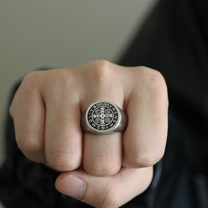Christianartworkshop 8 Styles Retro Classic St. Benedict Symbol Engraved Protection Ring - Silver-black - US14 - image 11