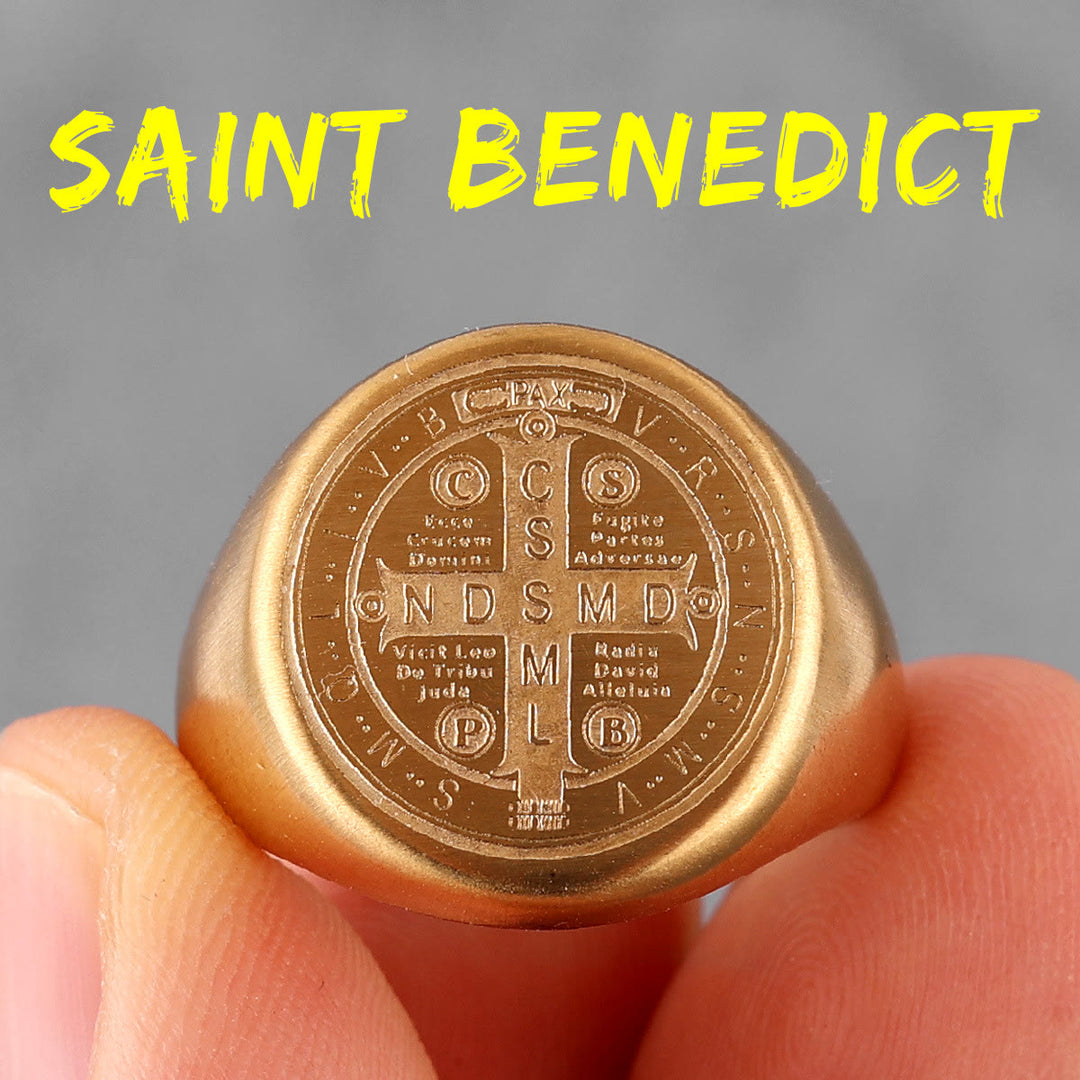 Christianartworkshop 8 Styles Retro Classic St. Benedict Symbol Engraved Protection Ring - Golden - US14 - image 3