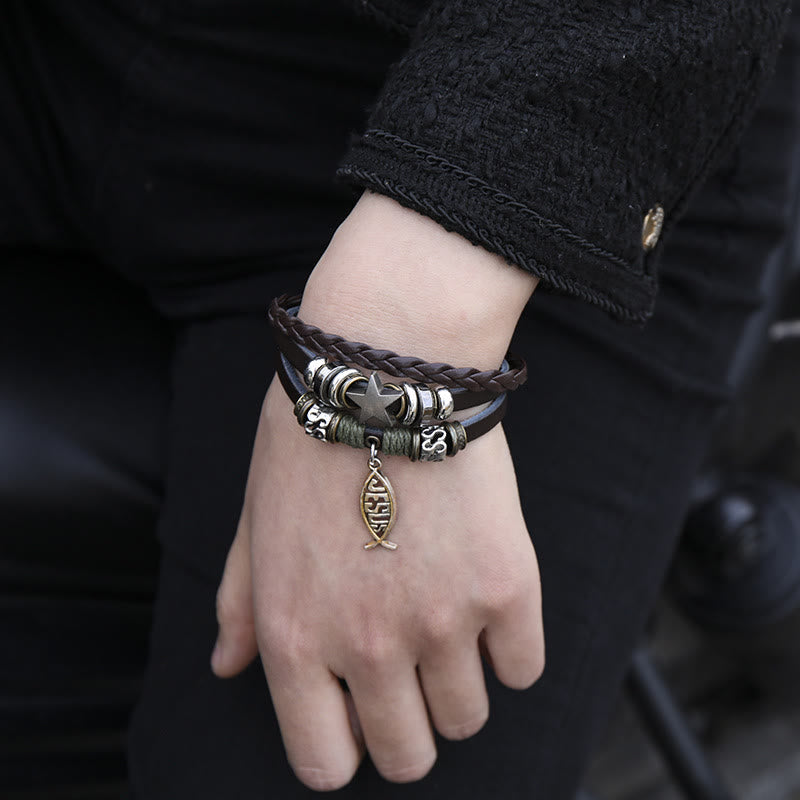 Christianartworkshop Retro Jesus Fish Adjustable Leather Cord Bracelet - Ichthys - image 0