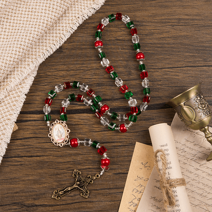 Christianartworkshop Our Lady of Guadalupe & Crucifix of 8mm Tricolor Beaded Handmade Rosary - image 5