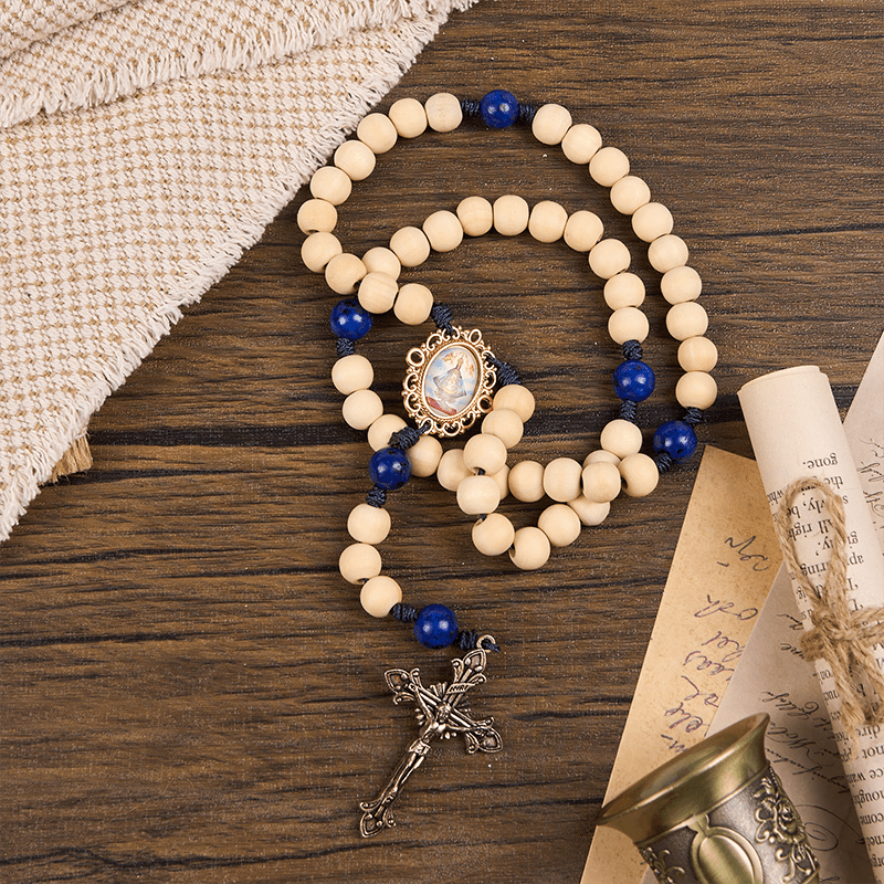 Christianartworkshop Our Lady & Crucifix of 10mm Handmade Wooden Beads Lapis Lazuli Our Father Beads Rosary