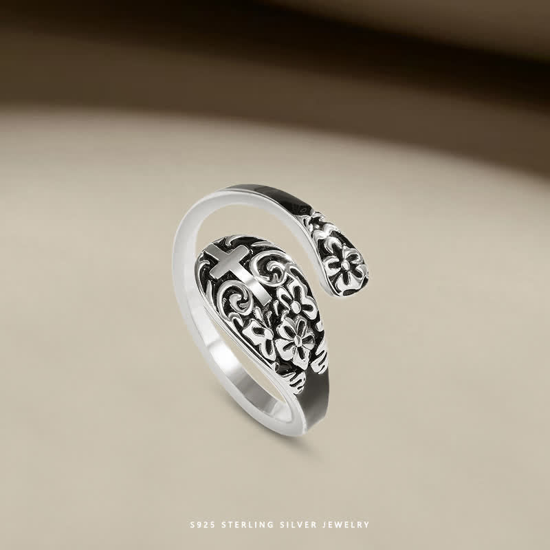Christianartworkshop Adjustable 925 Sterling Silver Engraved Cross Ring - Elegance in Devotion - image 1