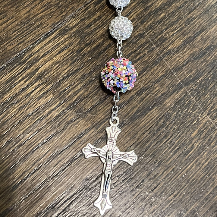 Christianartworkshop Our Lady of Guadalupe & Crucifix of 10mm Round White Rhinestone Alloy Chain Rosary - image 5
