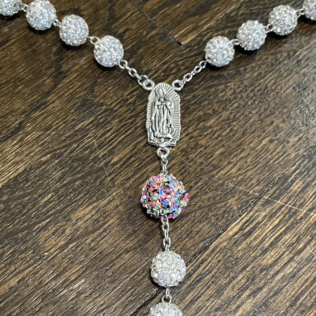 Christianartworkshop Our Lady of Guadalupe & Crucifix of 10mm Round White Rhinestone Alloy Chain Rosary - image 4