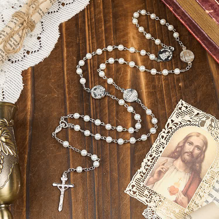 Christianartworkshop Crucifix & Our Lady of 8mm Pearl Prayer Beads Rosary (3 Colors)