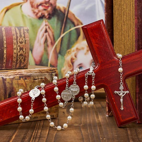 Christianartworkshop Crucifix & Our Lady of 8mm Pearl Prayer Beads Rosary (3 Colors)