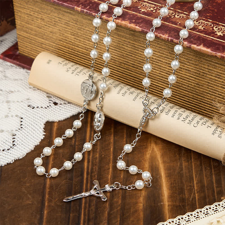 Christianartworkshop Crucifix & Our Lady of 8mm Pearl Prayer Beads Rosary (3 Colors)