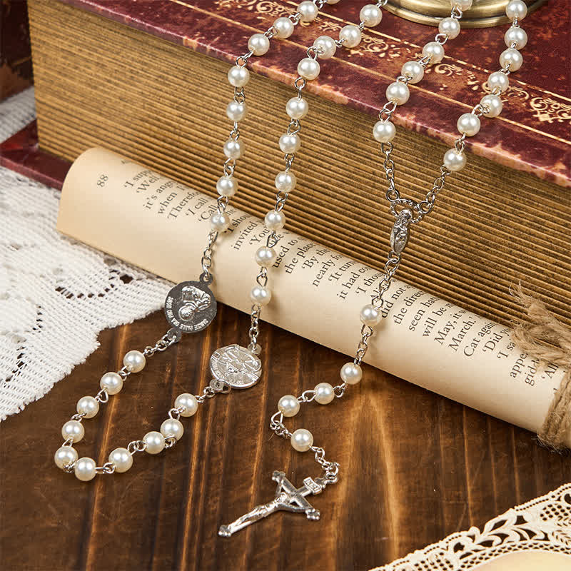 Christianartworkshop Crucifix & Our Lady of 8mm Pearl Prayer Beads Rosary (3 Colors)