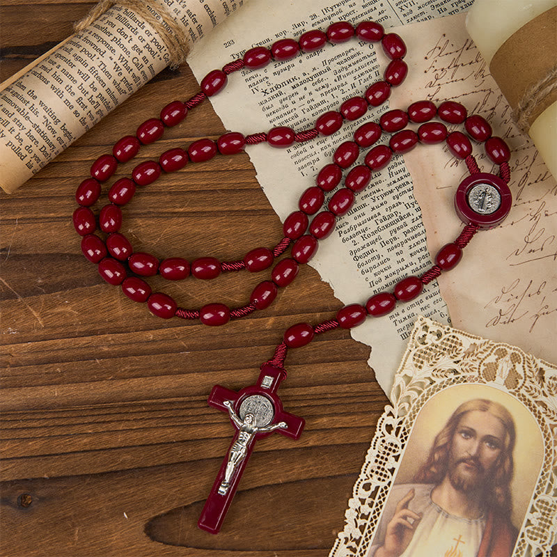 Christianartworkshop St. Benedict & Crucifix of 8*10mm Oval Bead Rosary - Three Timeless Colors - image 6