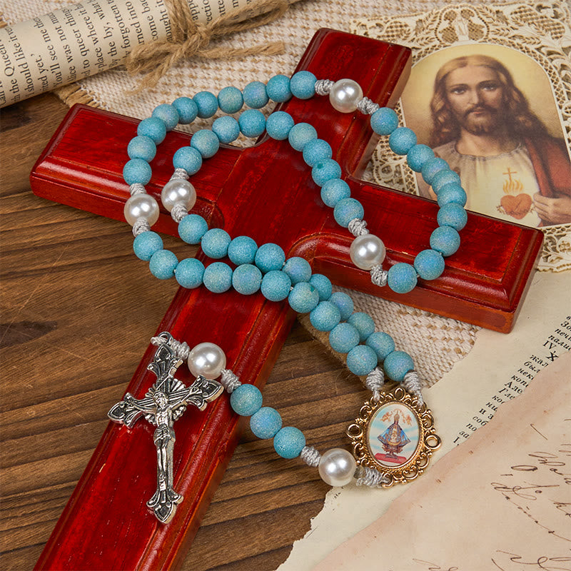 Christianartworkshop Our Lady & Crucifix of 8mm Sparkling Glass Sand Bead Handmade Rosary