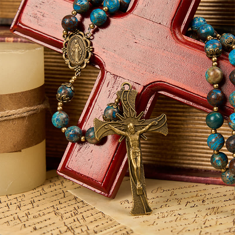 Christianartworkshop Blue Pattern Beads Handmade Rosary: Miraculous Medal & Crucifix of 8mm Authentic Larimar Stone - image 7