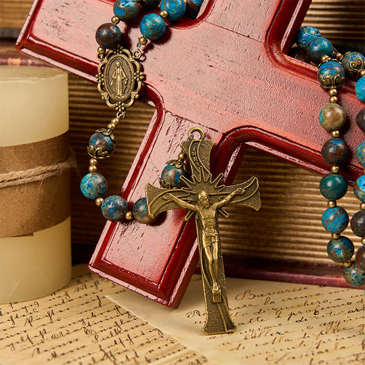 Christianartworkshop Blue Pattern Beads Handmade Rosary: Miraculous Medal & Crucifix of 8mm Authentic Larimar Stone - image 7