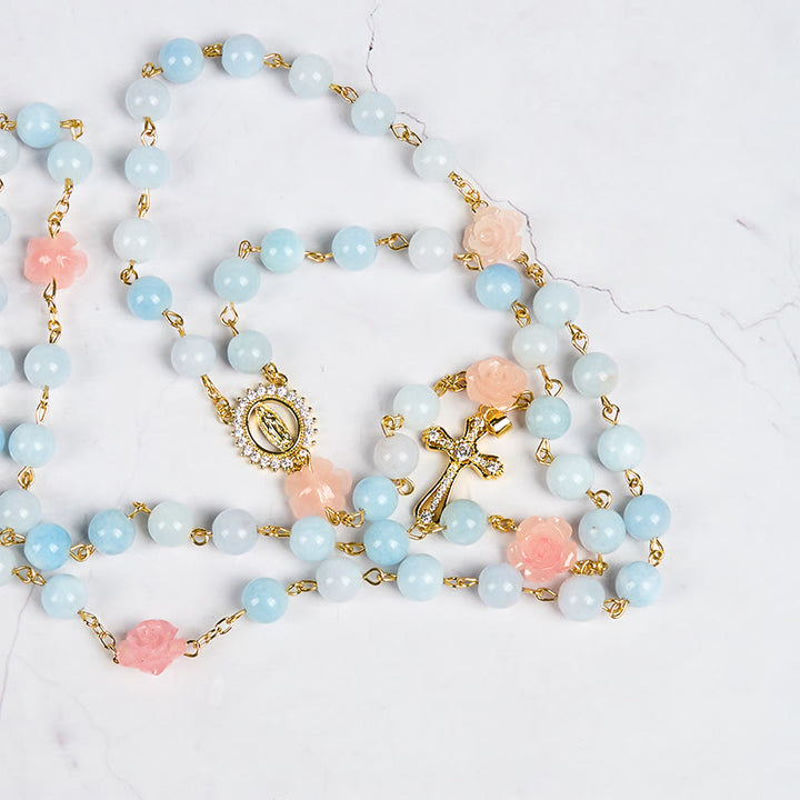 Christianartworkshop Our Lady of Guadalupe & Crucifix of 8mm Handmade Blue Aquamarine Chalcedony Beads Rosary - image 10