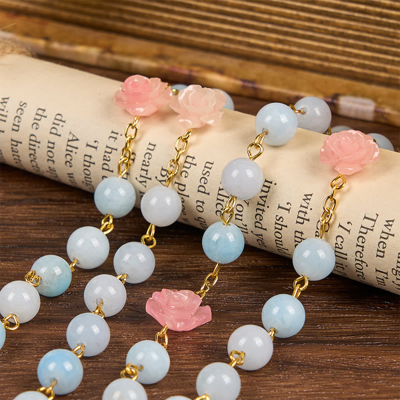Christianartworkshop Our Lady of Guadalupe & Crucifix of 8mm Handmade Blue Aquamarine Chalcedony Beads Rosary - image 9