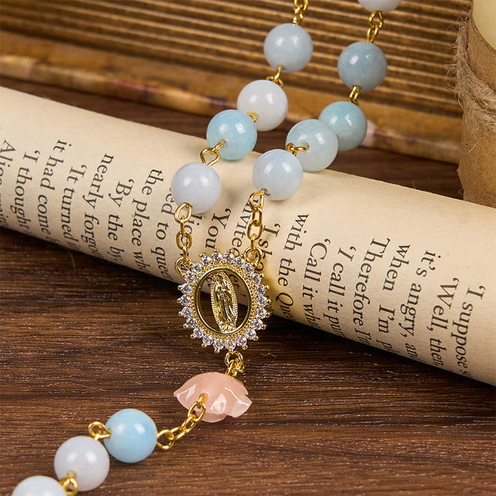 Christianartworkshop Our Lady of Guadalupe & Crucifix of 8mm Handmade Blue Aquamarine Chalcedony Beads Rosary - image 7