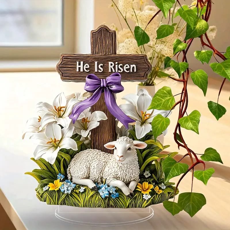 Christianartworkshop Easter Resurrection with He Is Risen Cross and Lamb Flat Ornament - image 1