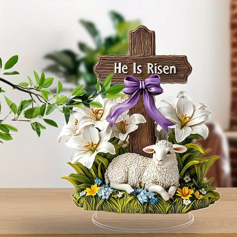 Christianartworkshop Easter Resurrection with He Is Risen Cross and Lamb Flat Ornament - He is Risen - image 0
