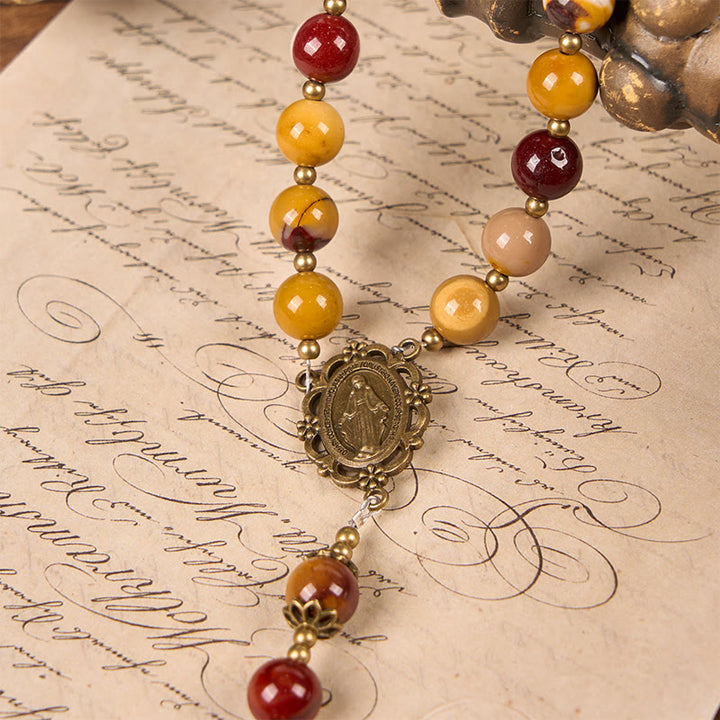 Christianartworkshop Miraculous Medal & Crucifix of 8mm Natural Egg Yolk Jade Rosary - Handcrafted Rosary Beads - image 6