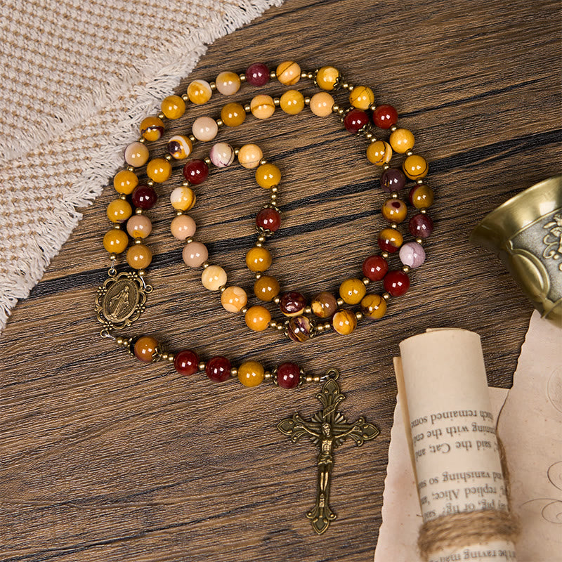 Christianartworkshop Miraculous Medal & Crucifix of 8mm Natural Egg Yolk Jade Rosary - Handcrafted Rosary Beads - image 8