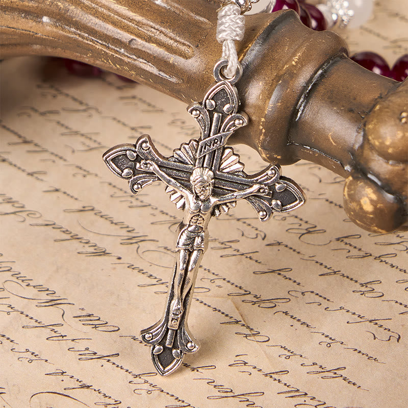 Christianartworkshop Divine Mercy & Crucifix of 8mm Garnet Chalcedony Rosary - Handmade Divine Beads - image 3