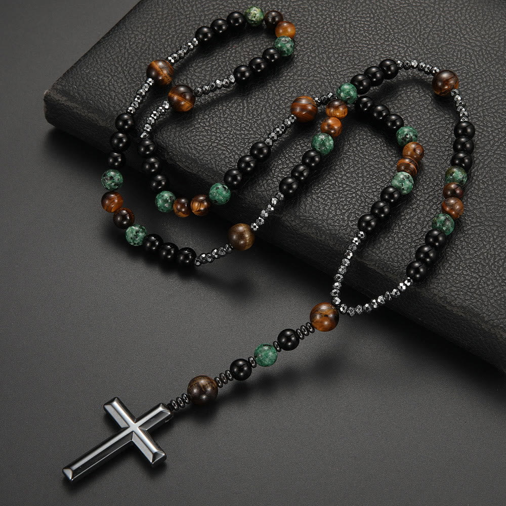 Christianartworkshop 8mm African Turquoise & Yellow Tiger Eye Stone Prayer Rosary - African Turquoise & Yellow Tiger Eye - image 0