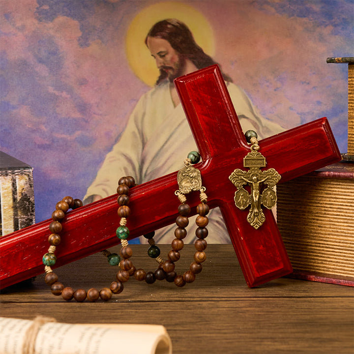 Christianartworkshop Holy Family & Crucifix of 8mm Handmade Pine Wood & African Turquoise Rosary