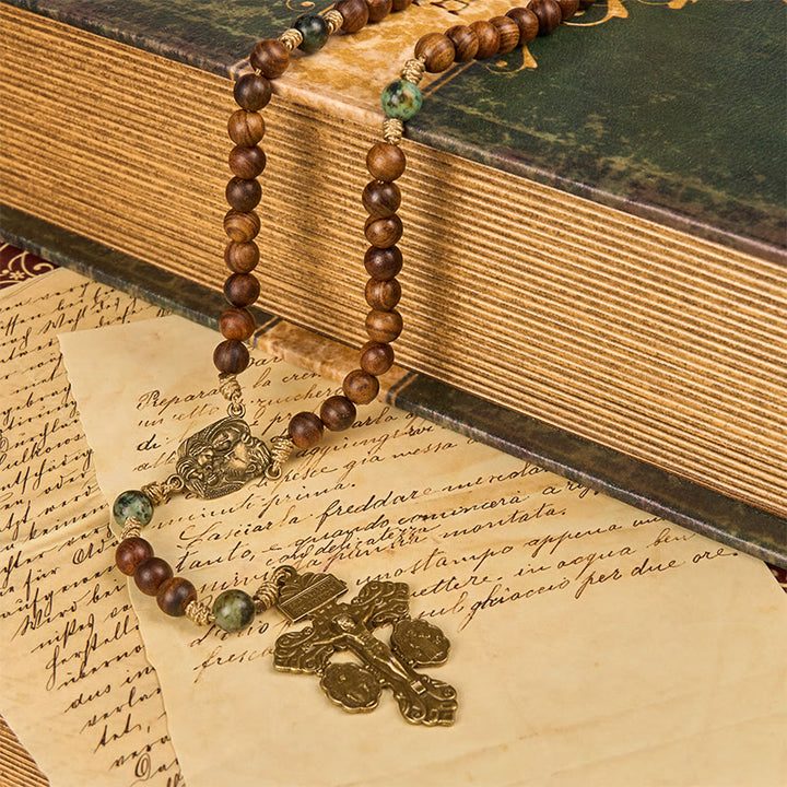 Christianartworkshop Holy Family & Crucifix of 8mm Handmade Pine Wood & African Turquoise Rosary