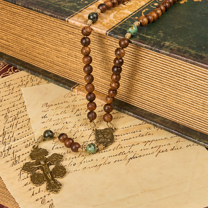 Christianartworkshop Holy Family & Crucifix of 8mm Handmade Pine Wood & African Turquoise Rosary