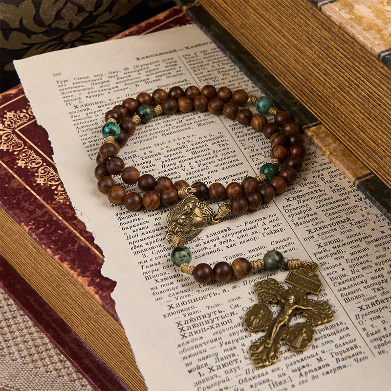 Christianartworkshop Holy Family & Crucifix of 8mm Handmade Pine Wood & African Turquoise Rosary