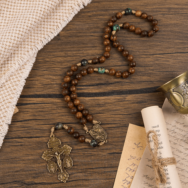 Christianartworkshop Holy Family & Crucifix of 8mm Handmade Pine Wood & African Turquoise Rosary