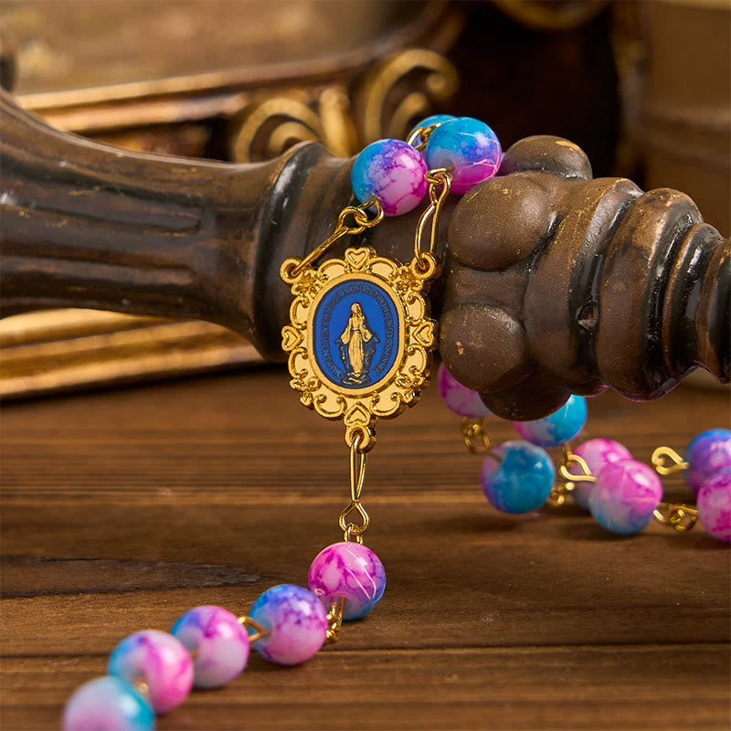 Christianartworkshop Divine Harmony Handmade Floral Rosary: Miraculous Medal & Crucifix of 8mm Blue&Purple