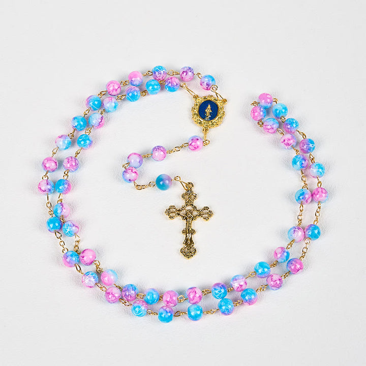 Christianartworkshop Divine Harmony Handmade Floral Rosary: Miraculous Medal & Crucifix of 8mm Blue&Purple