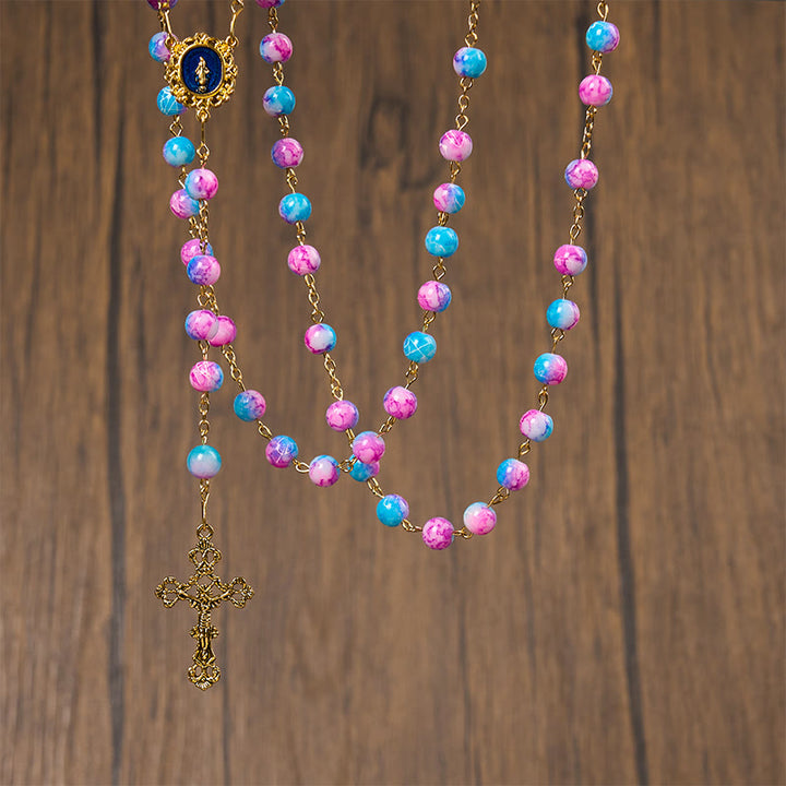 Christianartworkshop Divine Harmony Handmade Floral Rosary: Miraculous Medal & Crucifix of 8mm Blue&Purple