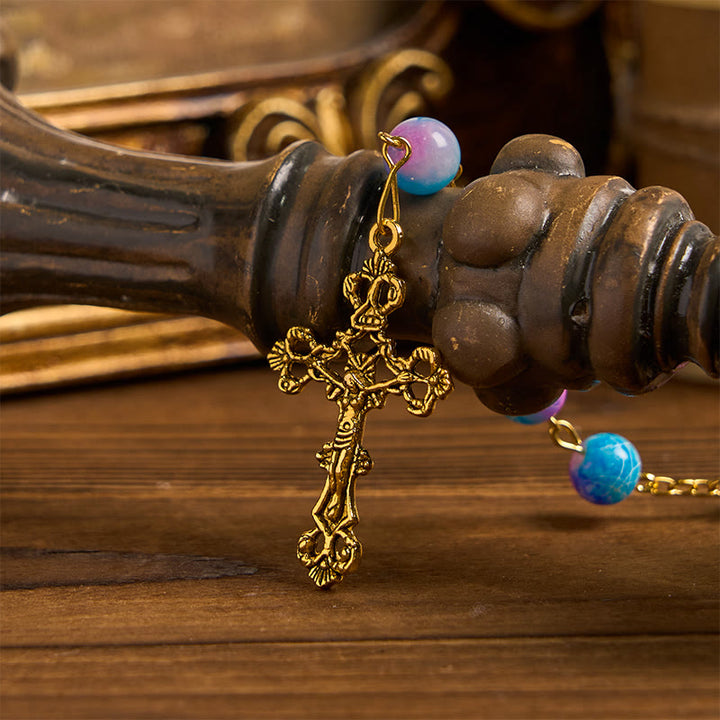 Christianartworkshop Divine Harmony Handmade Floral Rosary: Miraculous Medal & Crucifix of 8mm Blue&Purple