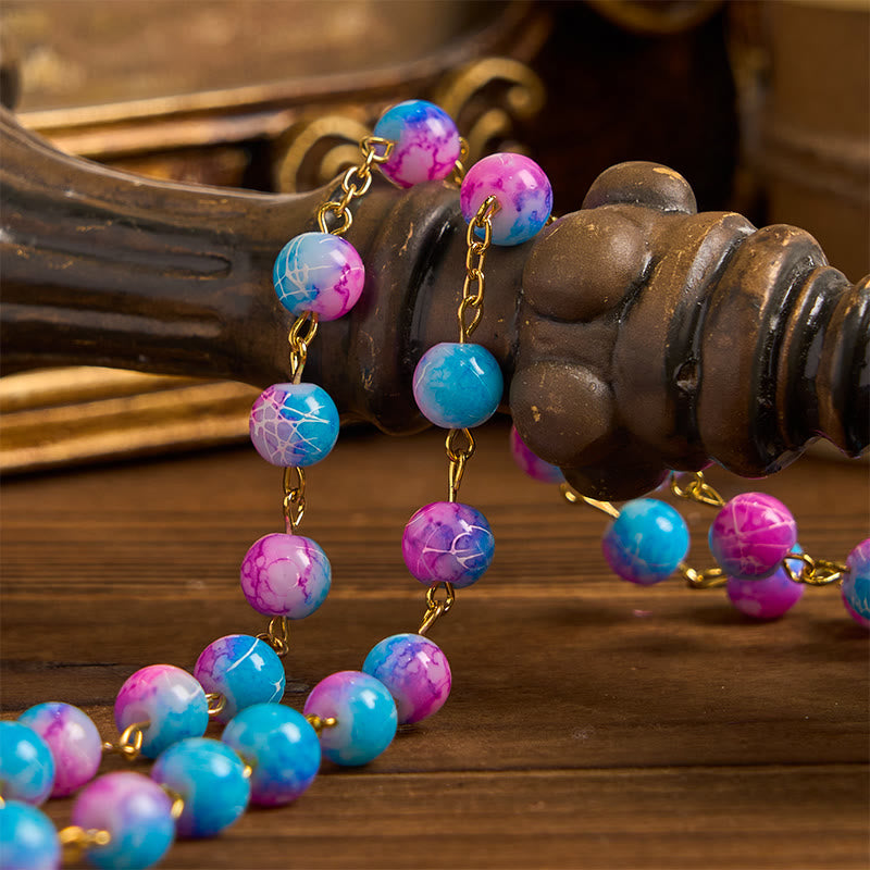 Christianartworkshop Divine Harmony Handmade Floral Rosary: Miraculous Medal & Crucifix of 8mm Blue&Purple