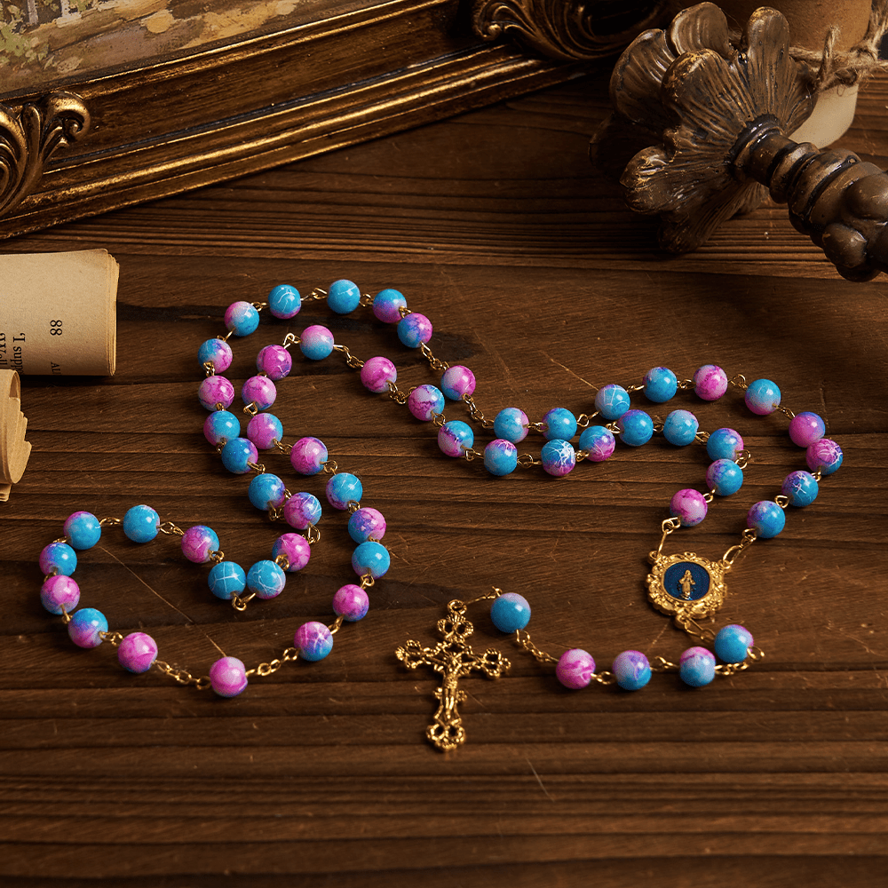 Christianartworkshop Divine Harmony Handmade Floral Rosary: Miraculous Medal & Crucifix of 8mm Blue&Purple