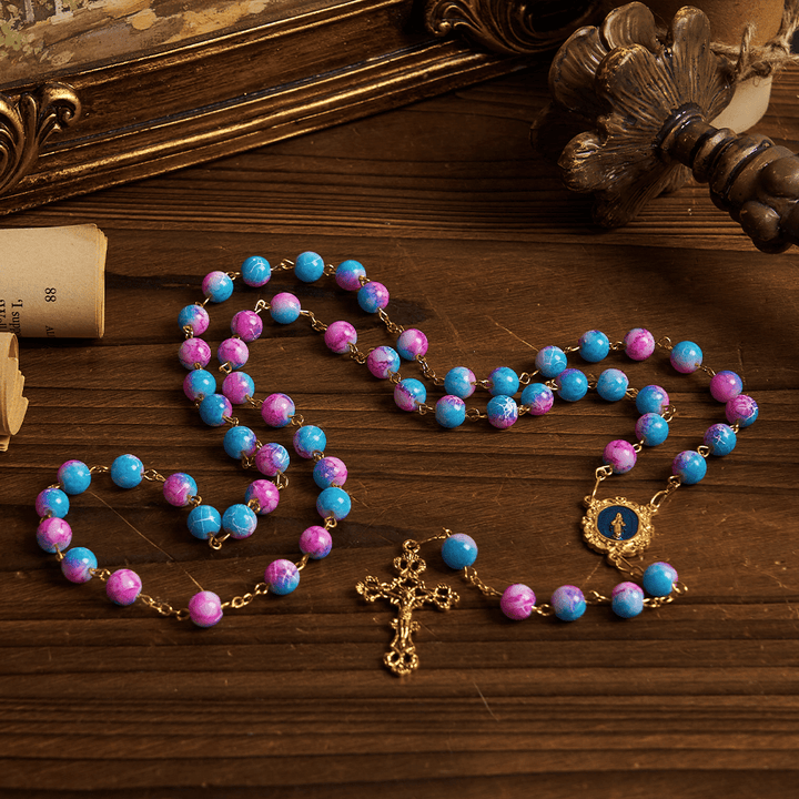 Christianartworkshop Divine Harmony Handmade Floral Rosary: Miraculous Medal & Crucifix of 8mm Blue&Purple