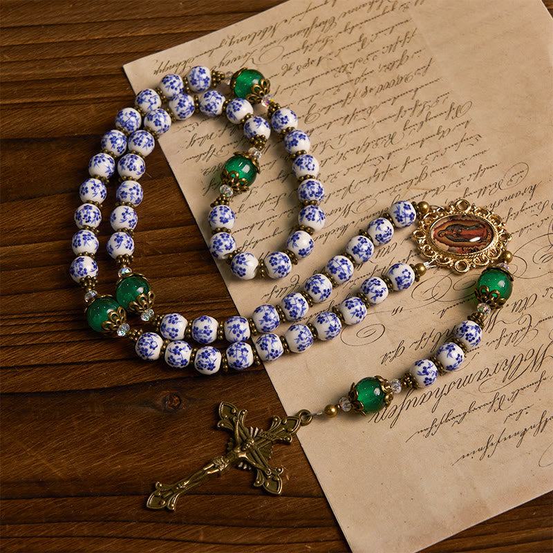 Christianartworkshop Divine Serenity Handmade Floral Rosary: Our Lady of Guadalupe & Crucifix of 8mm Ceramics&Jade  - image 2