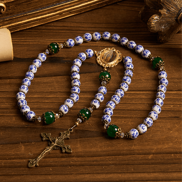 Christianartworkshop Divine Serenity Handmade Floral Rosary: Our Lady of Guadalupe & Crucifix of 8mm Ceramics&Jade