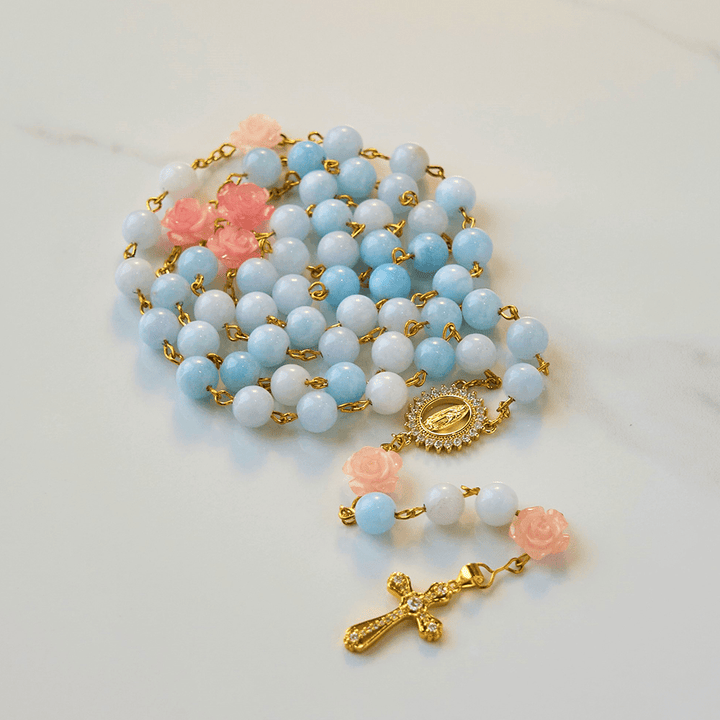 Christianartworkshop Our Lady of Guadalupe & Crucifix of 8mm Handmade Blue Aquamarine Chalcedony Beads Rosary - image 1