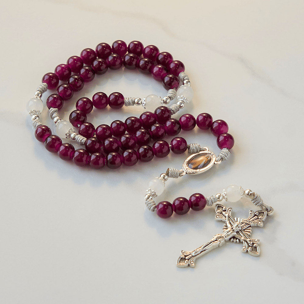Christianartworkshop Divine Mercy & Crucifix of 8mm Garnet Chalcedony Rosary - Handmade Divine Beads