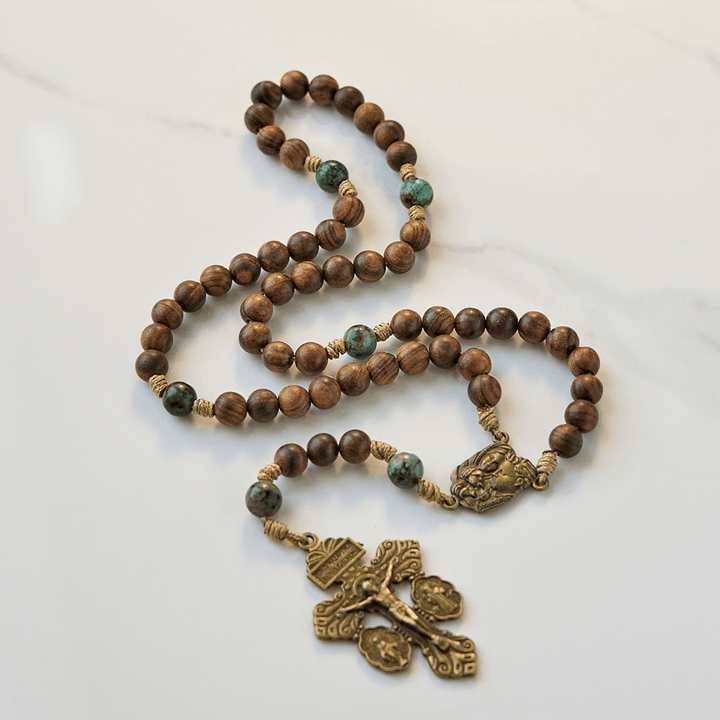 Christianartworkshop Holy Family & Crucifix of 8mm Handmade Pine Wood & African Turquoise Rosary