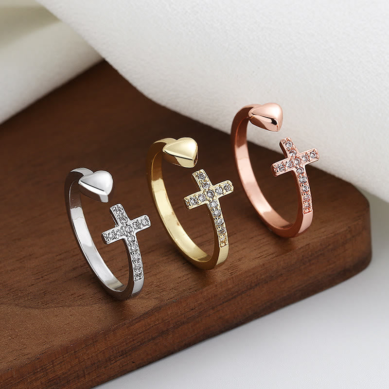 Christianartworkshop 3 Color Heart & Cross Symbol Blessed Minimalist Adjustable Ring - image 1